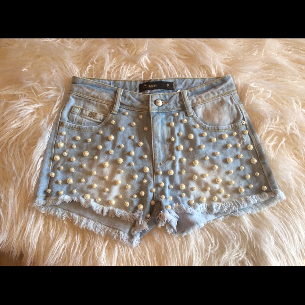 Cute Denim Shorts with Pearls and Rhinestones.